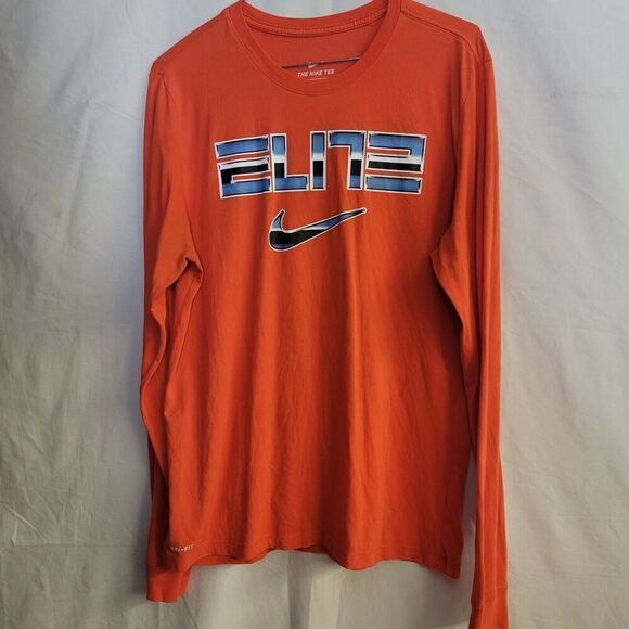 Nike Shirt Mens Large Orange / Blue Elite Long Sleeve Tee Dri Fit Swoosh - Picture 1 of 6